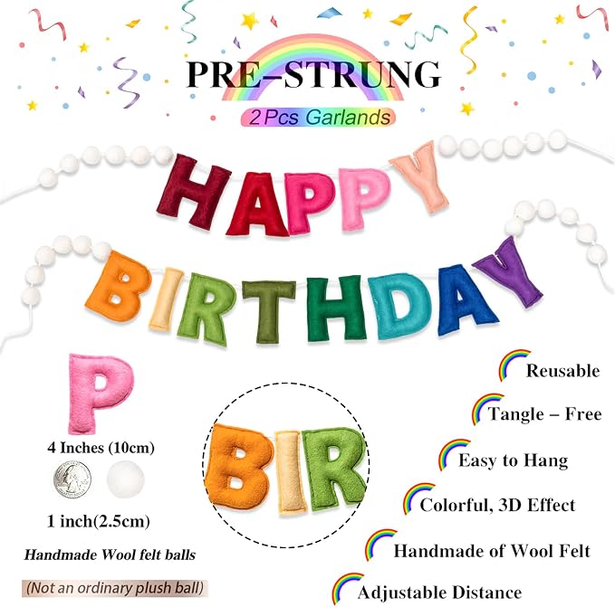 2Pcs Pre-Strung 3D Soft Wool Felt Happy Birthday Banner, Felt Ball Garland | - Image 6
