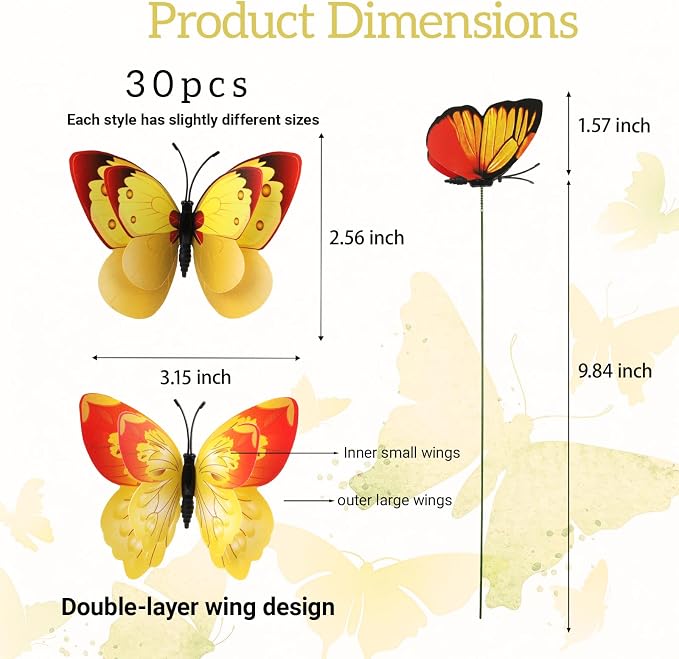 30PCS Yellow Butterfly Decor Fake Butterfly Stakes - Image 2
