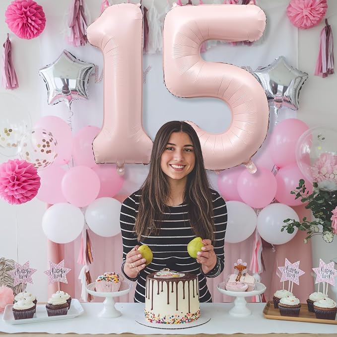 Foil 15 Balloon, Dusty Light Blush Pink Big Number 15 Balloons - Image 3