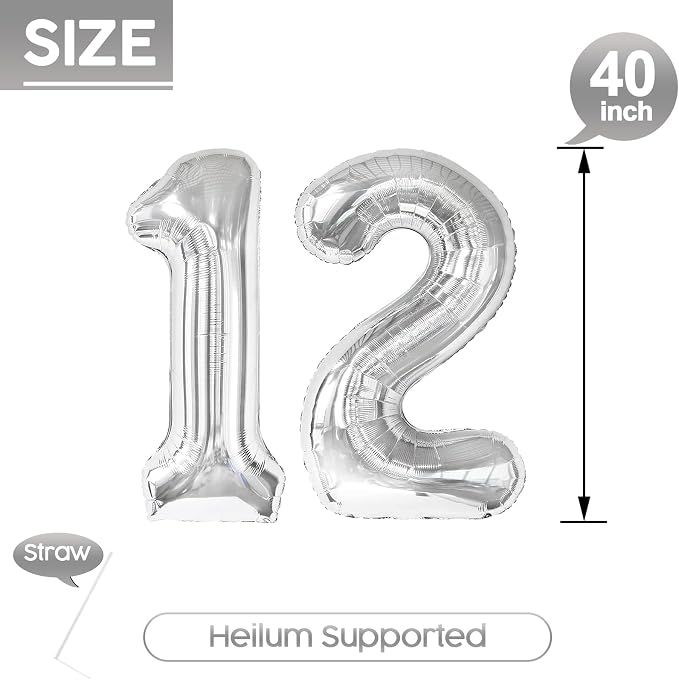 12 Balloon - Silver Birthday Number Balloons, 40 Inch Decorations Men Women | - Image 5