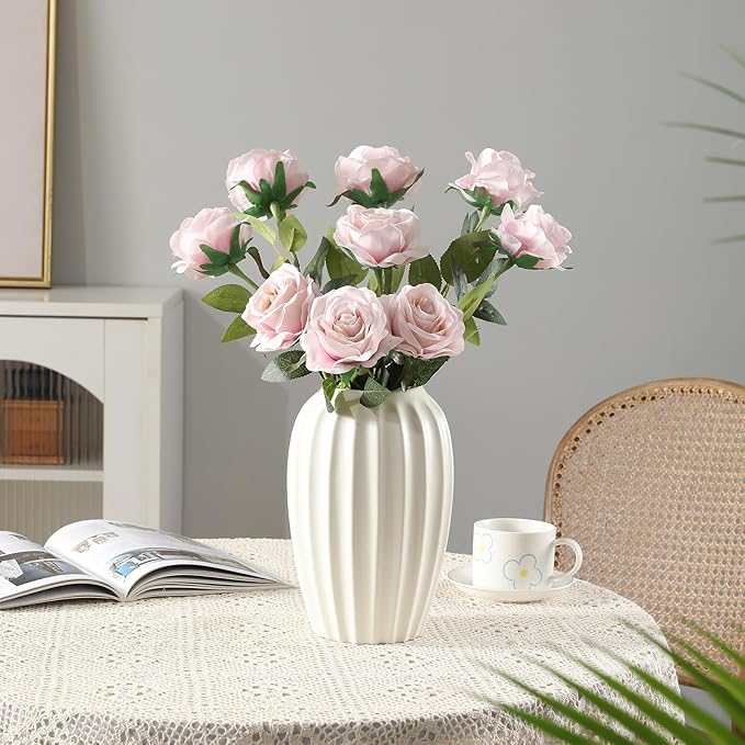 Tifuly Champagne Pink Roses Artificial Flowers - 12 Pcs Long Stem Silk Roses, Realistic Fake Roses with Stems for Bridal Bouquets, Home and Office DIY Decor