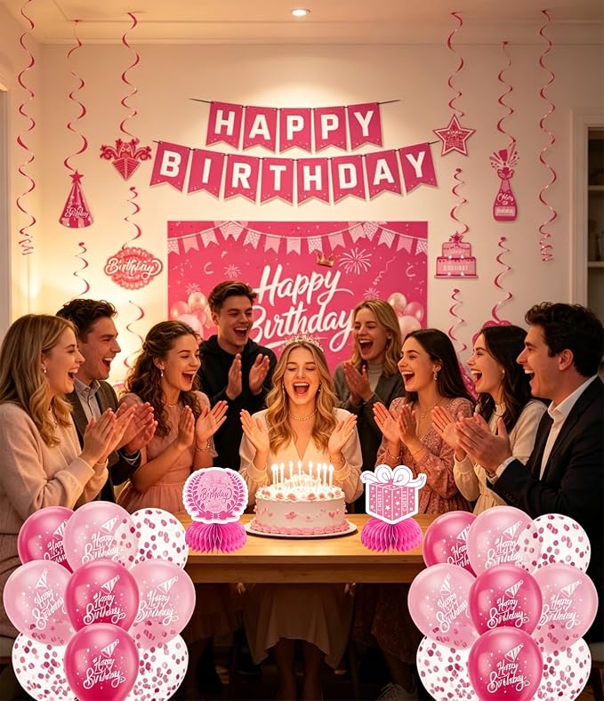 Pink Birthday Decorations for Women | Pre-Strung Happy Birthday Banner - Image 2