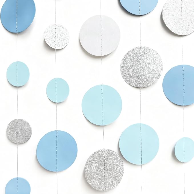 Dusty Blue Silver White Polka Dots Garland Hanging Paper Circle Dot Streamer - Image 7