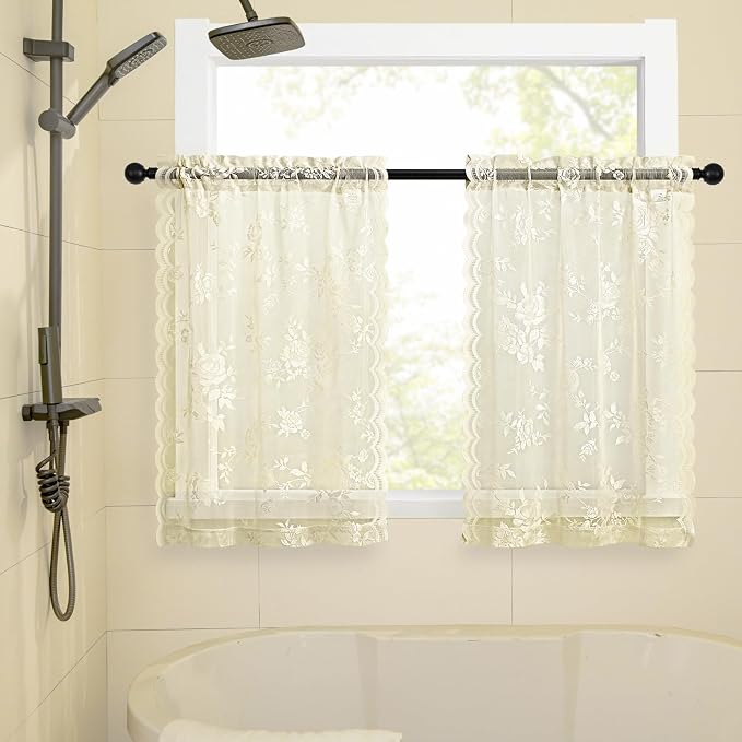 SEEKRIGHT Ivory Lace Cafe Curtains 24 Inch Length 2 Panels Set Country Floral - Image 3