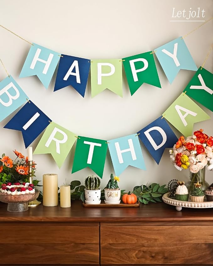Letjolt Happy Birthday Banner Blue Green Handmade Garland 13pcs | Pre-Strung - Image 6