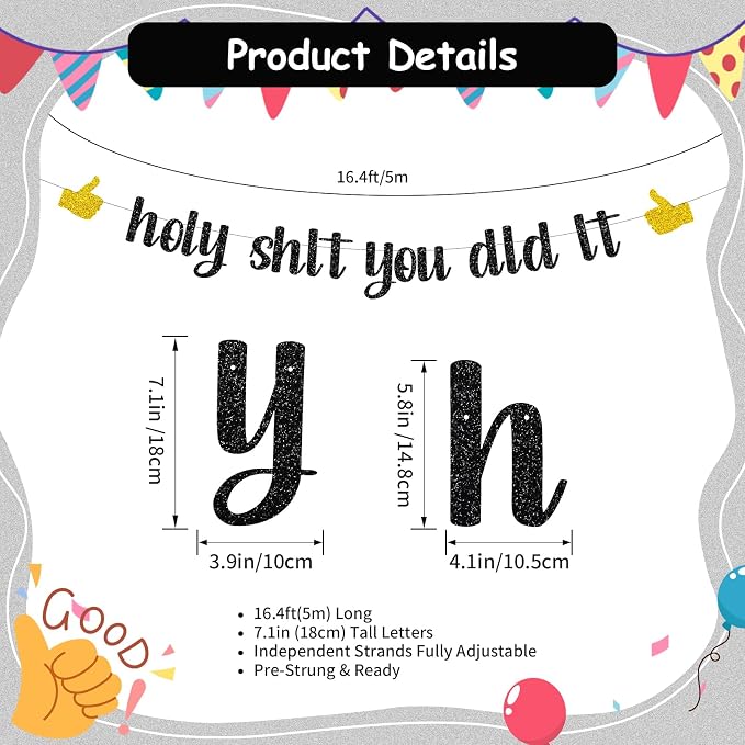 Funny Grad Banner Holy Shit You Did It Banner – Pre-Strung Glitter Graduation - Image 2
