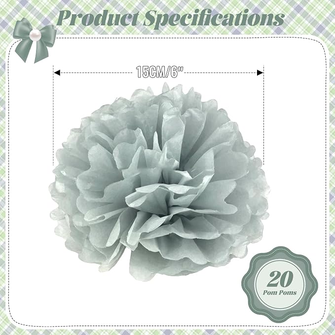 Qimoo 20pcs Gray Paper Pom Poms Decorations, DIY Decorative Tissue Paper - Image 2