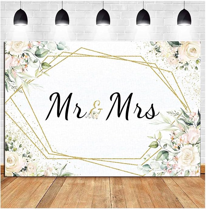 10x8FT Mr & Mrs White Floral Bridal Shower Backdrop Mr Mrs Wedding Theme Photo - Image 3