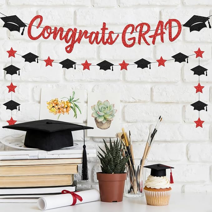 Glitter Red Graduation Decorations Banner, Congrats Grad Banner and Graduation - Image 6