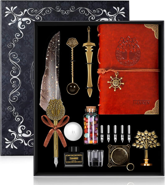 Feather Dip Pen and Ink Set,quill pen ink set,Antique Calligraphy Pen with 5 Replaceable Nibs,Wax Seal Stamp,Wax Beads &Leather Writing Notebook Christmas Gift for Men&Women.(Grey)