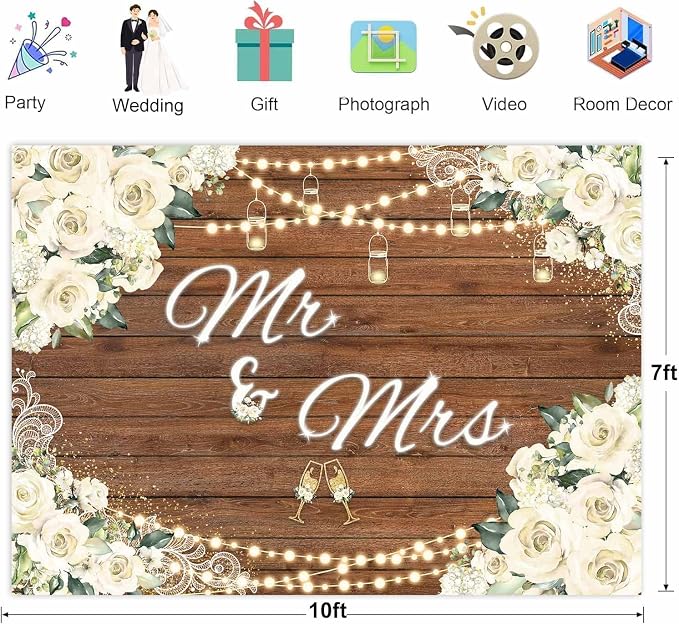 Mr and Mrs Wedding Backdrop for Engagement Party White Floral Rustic Wood - Image 6