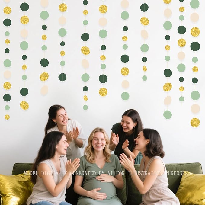 Sage Green Gold Beige Party Polka Dot Garlands Oilve Green Glitter Gold Hanging - Image 6