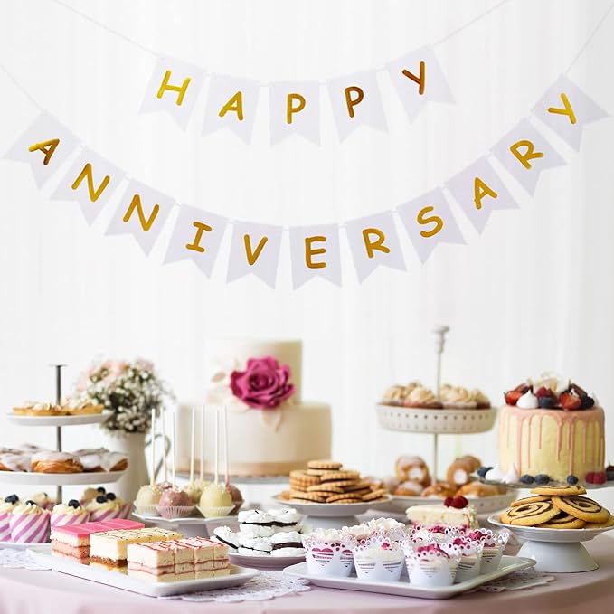 White Happy Anniversary Banner, Party Supplies - Image 4