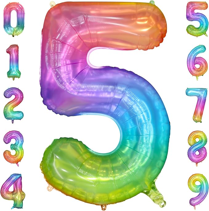 40 Inch Rainbow Number Balloon 5, Large Number Foil Balloons Mylar by PatiCool