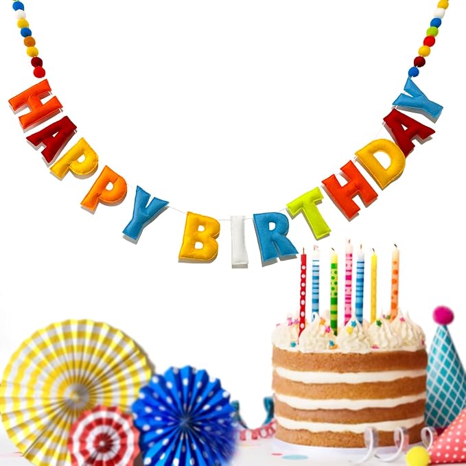 Pre-Strung Reusable 3D Happy Birthday Banner Sign, Rainbow Felt Ball Garland | - Image 4