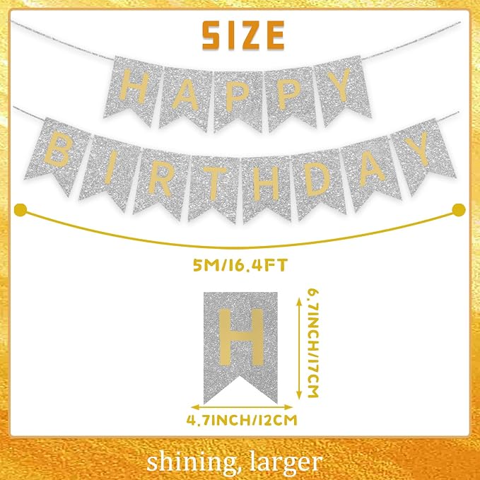 Silver Happy Birthday Banner - 16 ft Pre-Strung Gold & Silver Birthday Party - Image 5