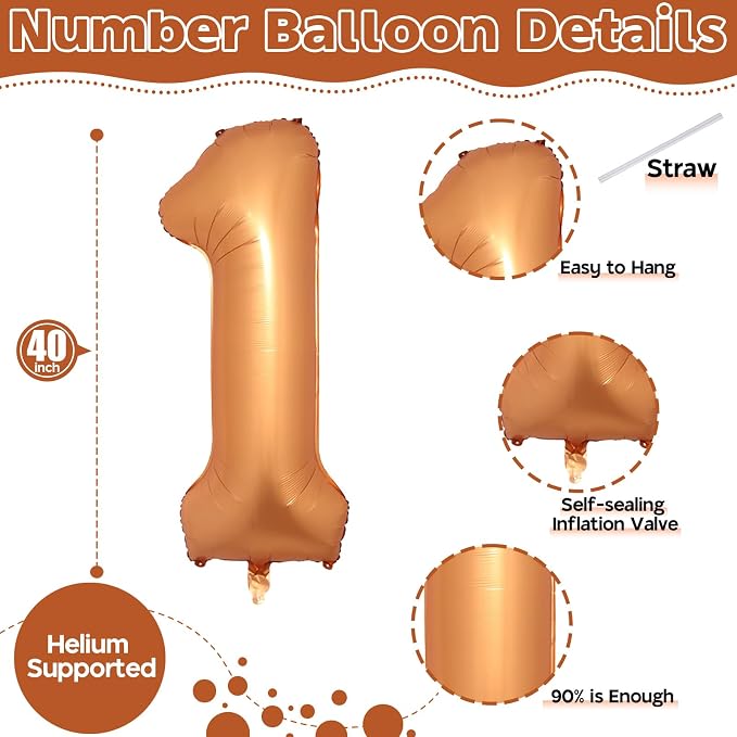 Orange Number 1 Balloon, Large Self Inflating Foil Number Balloons 1 Decor - Image 2