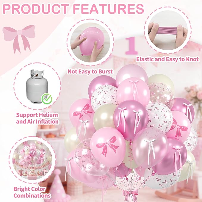 Pink Bow Balloons, 12 Inch Pastel Pink White Bow Printed Balloons - Image 3