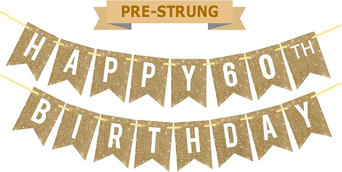 Netnology Pre-Strung Gold Glitter 60th Happy Birthday Banner Decorations | 12 by Netnology
