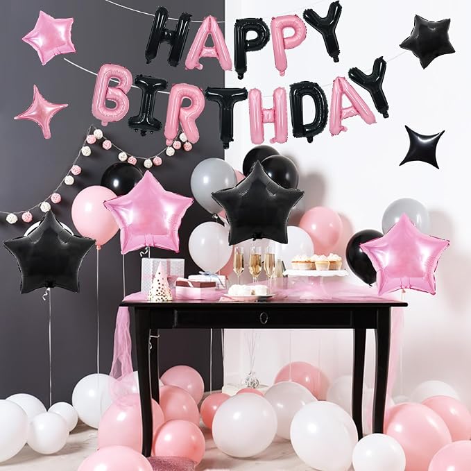 TONIFUL 35PCS Black Pink Happy Birthday Decorations Kit 16 Inch Happy Birthday - Image 3