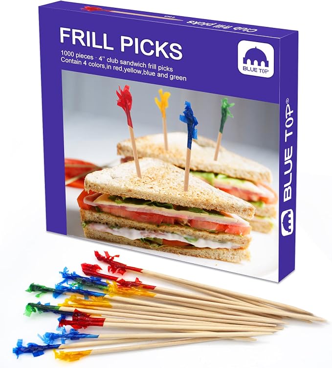 BLUE TOP Wood Frill Picks Frill Toothpicks 4 Inch Pack 1000, Decorative wood by BLUETOP
