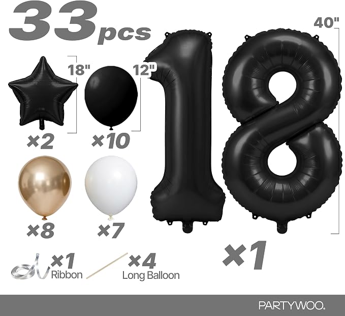 PartyWoo Number Balloons 40 Inch Black Number 18 Kit 33pcs - Image 2