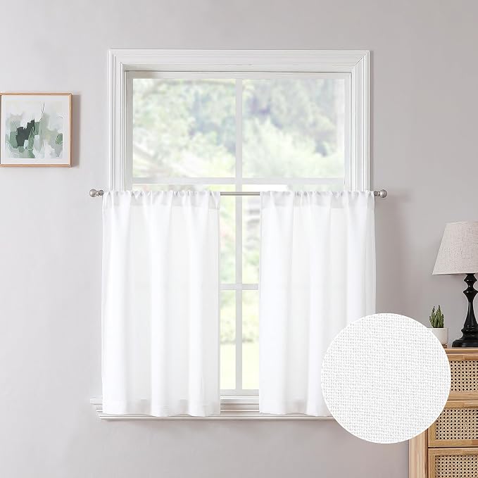 Tollpiz Short Linen Tier Curtains Rod Pocket Semi Sheer Half Kitchen Curtain by Tollpiz