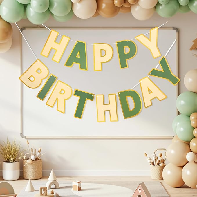 Pre-Strung Happy Birthday Banner Brown Green Party Decorations | adjustable cord - Image 9