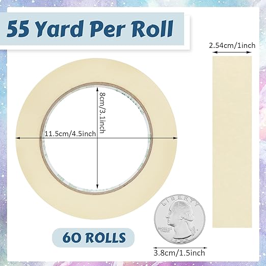 Masking Tape Bulk General Purpose Masking Painting Tape 55 Yards for Painting Home Office School Stationery Arts Crafts Basic Use, Easy Removal(60 Rolls,1 Inch)