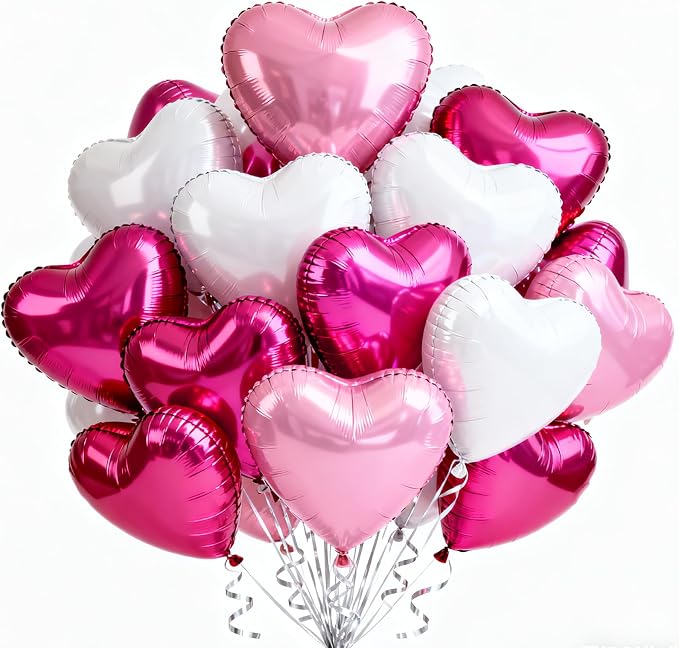 TONIFUL 30 Pcs Pink White Heart Balloons 18 Inch Heart Shape Foil Balloon | by TONIFUL