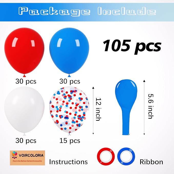 Voircoloria 105pcs Red White Blue Party Latex Balloons, 12inch | - Image 2