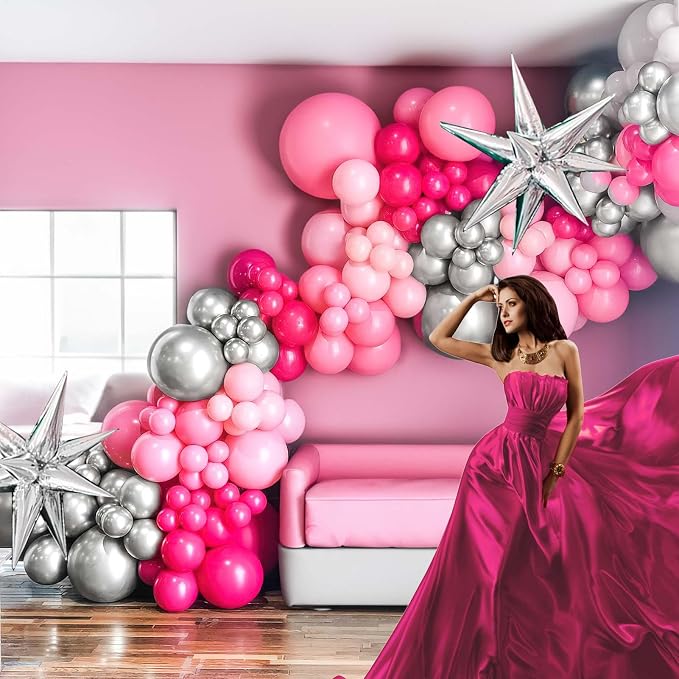 Hot Pink Silver Balloon garland arch kit 145PCS Pastel Pink and silver Star - Image 2