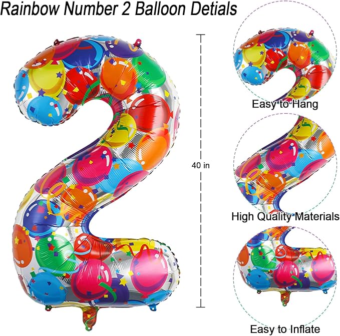 Rainbow Number 2 Balloon 40 Inch, Colorful Mylar Helium Balloons - Image 4