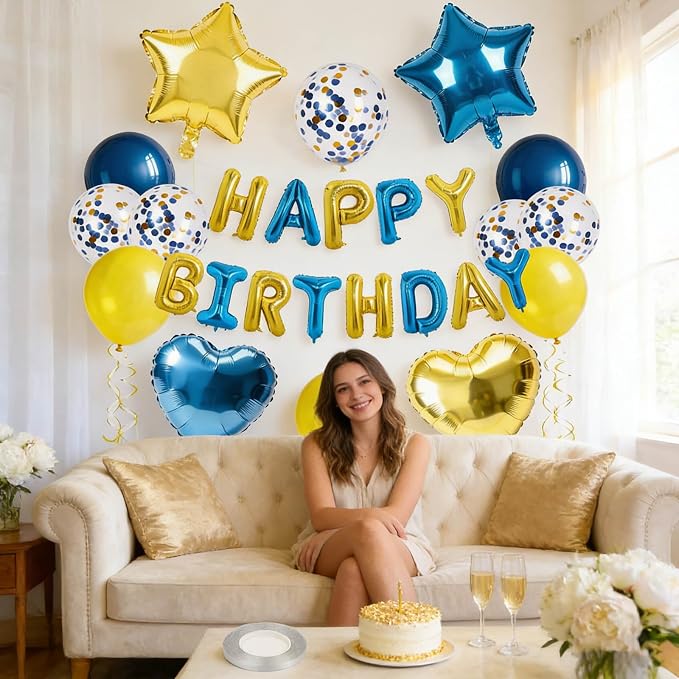 27 Pcs Gold Blue Birthday Decorations, 3D Letters Yellow Blue Happy Birthday - Image 4