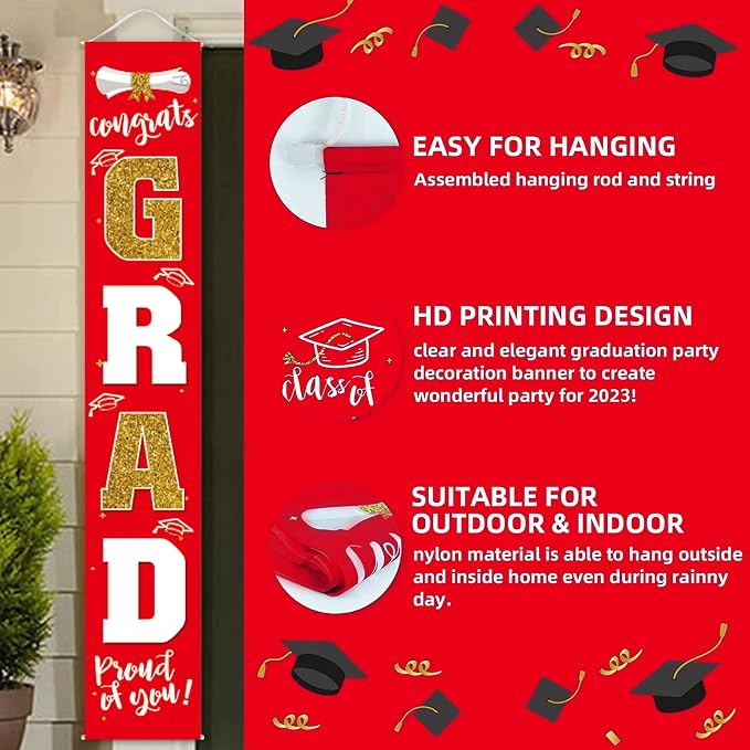 Graduation Decorations 2026 Banner Porch Sign Red Gold - Image 3