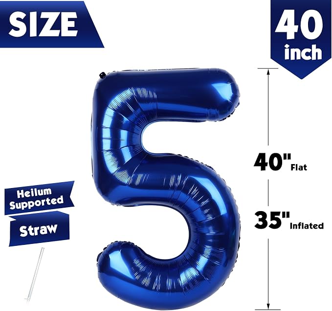 40 Inch Night Blue Number 5 Balloon, 5th Blue Birthday Party Decorations | 40 - Image 5
