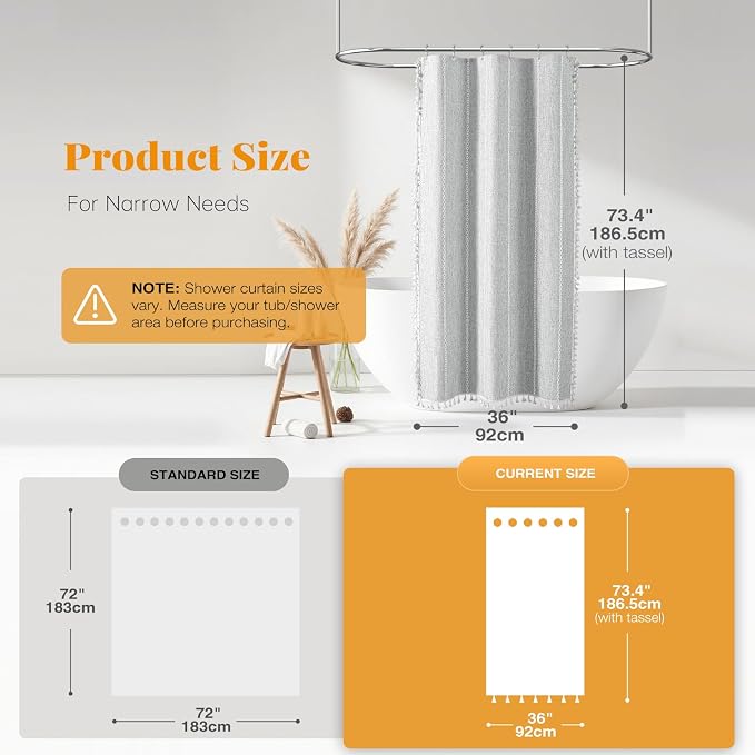 Small Boho Linen Heavy Duty Cloth Shower Curtain, 330GSM Linen Blend, Water - Image 3