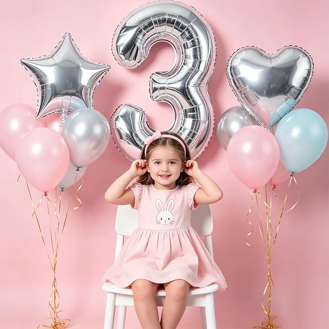 TONIFUL 3rd Birthday Balloons Kit 40Inch Silver Large Number 3 Foil Balloon | - Image 5