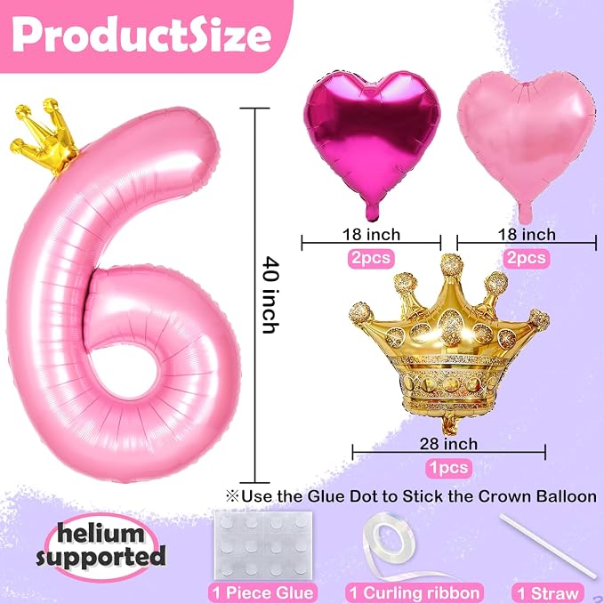 Princess 8th Birthday Party Decorations, 40 inch Large Pink Crown 8 Balloon - Image 2