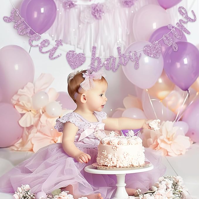 BEISHIDA Pre-Strung Glitter Light Purple Girl Baby Banner Baby Shower Decor | - Image 4