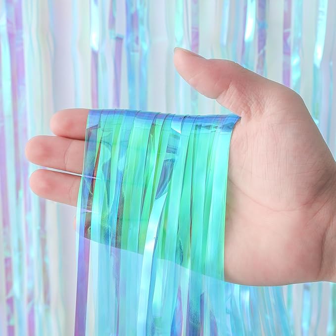 4 Pack 3.3x8.2 Feet Neon Iridescent Foil Fringe Backdrop Curtains, Tinsel Streamers Birthday Party Decorations, Fringe Backdrop for Graduation, Baby Shower, Gender Reveal, Disco Party