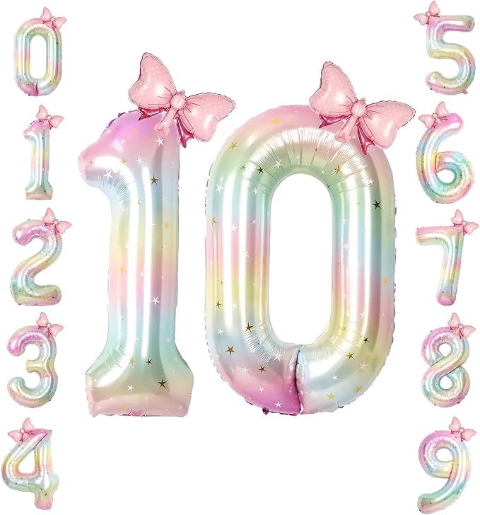 40" Giant Pastel Rainbow Number 10 Balloon Foil Pink Bow Decor Kit | by TNCDJKPA