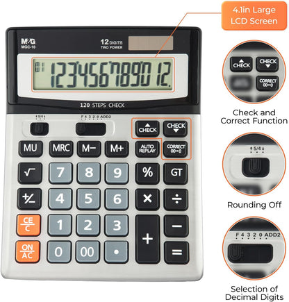 M&G Desk Calculator 12 Digit Extra Large LCD Display Calculators with Check & Correct, Dual Solar Power and Battery, Multi-Functional Financial Office Business Calculator with Big Buttons