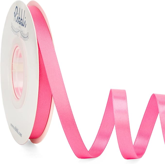 Ribbli Double Faced Hot Pink Satin Ribbon, 3/8” x Continuous 25 Yards, Use by Ribbli