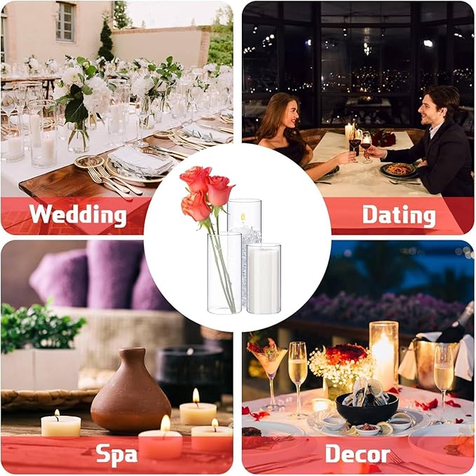 12 Pcs Thin Glass Cylinder Vases 2.5''/3.3'' Diameter 2mm Wall Thickness Clear Flowers Vase Hurricane Floating Candles Holders for Table Centerpieces Wedding Decor (3.3'' X 5.9'',7.9'',9.8'')
