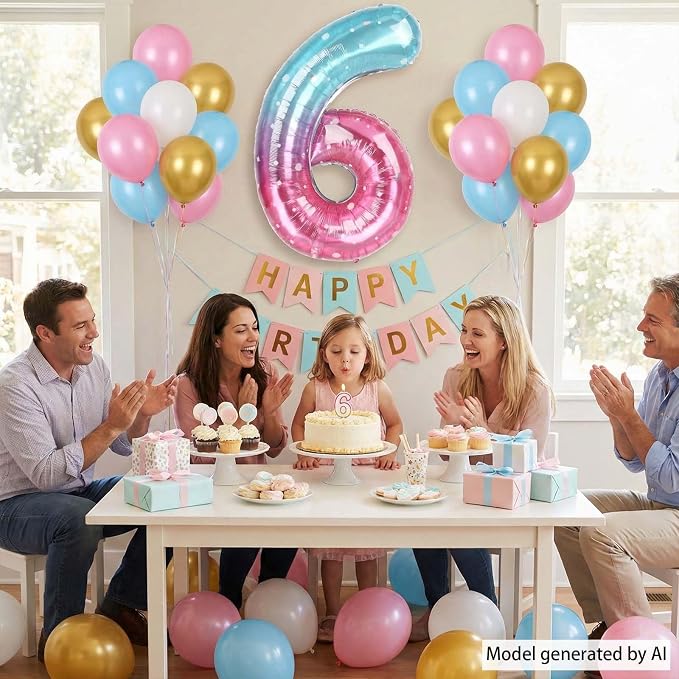 40 Inch Pink Blue Number 6 Balloon, Large Gradient Pink Blue Mylar Foil Number - Image 2
