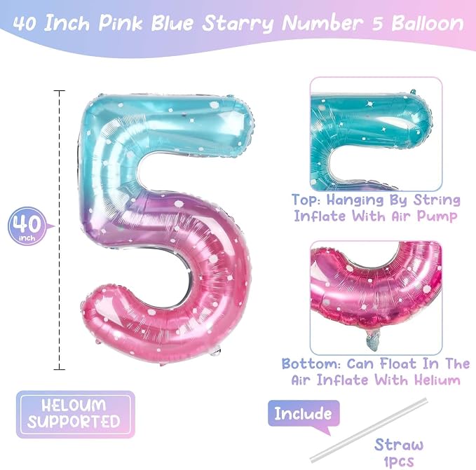 40 Inch Pink Blue Number 5 Balloon, Large Gradient Pink Blue Mylar Foil Number - Image 4