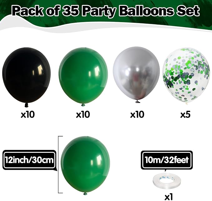 Green Black Balloons Dark Green Black Silver Confetti Balloons 35 Pcs 12 Inch - Image 2