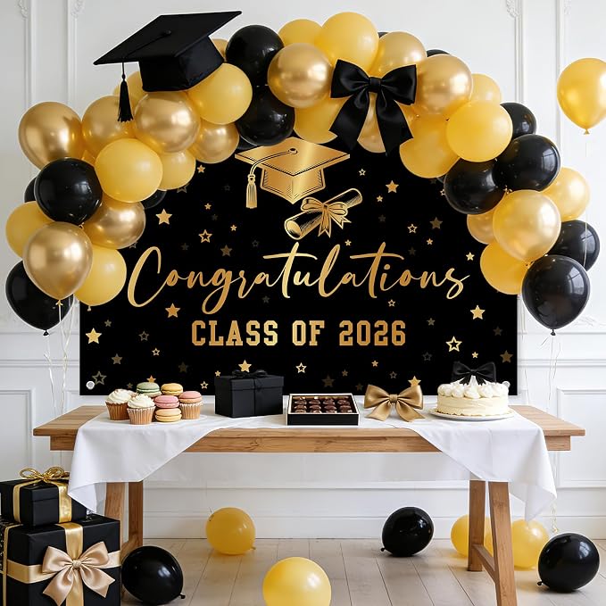 Class of 2026 Graduation Backdrop Black Gold Congrats Grad Banner - Image 2