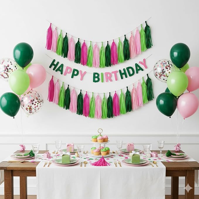Green and Pink Tassel Garland Banner, 20 Pack Paper Tassels Streamers - Image 3